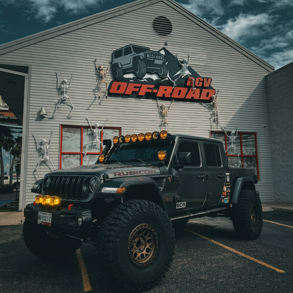 Jeep Rubicon Gladiator parked in front of the RGV Off-Road shop