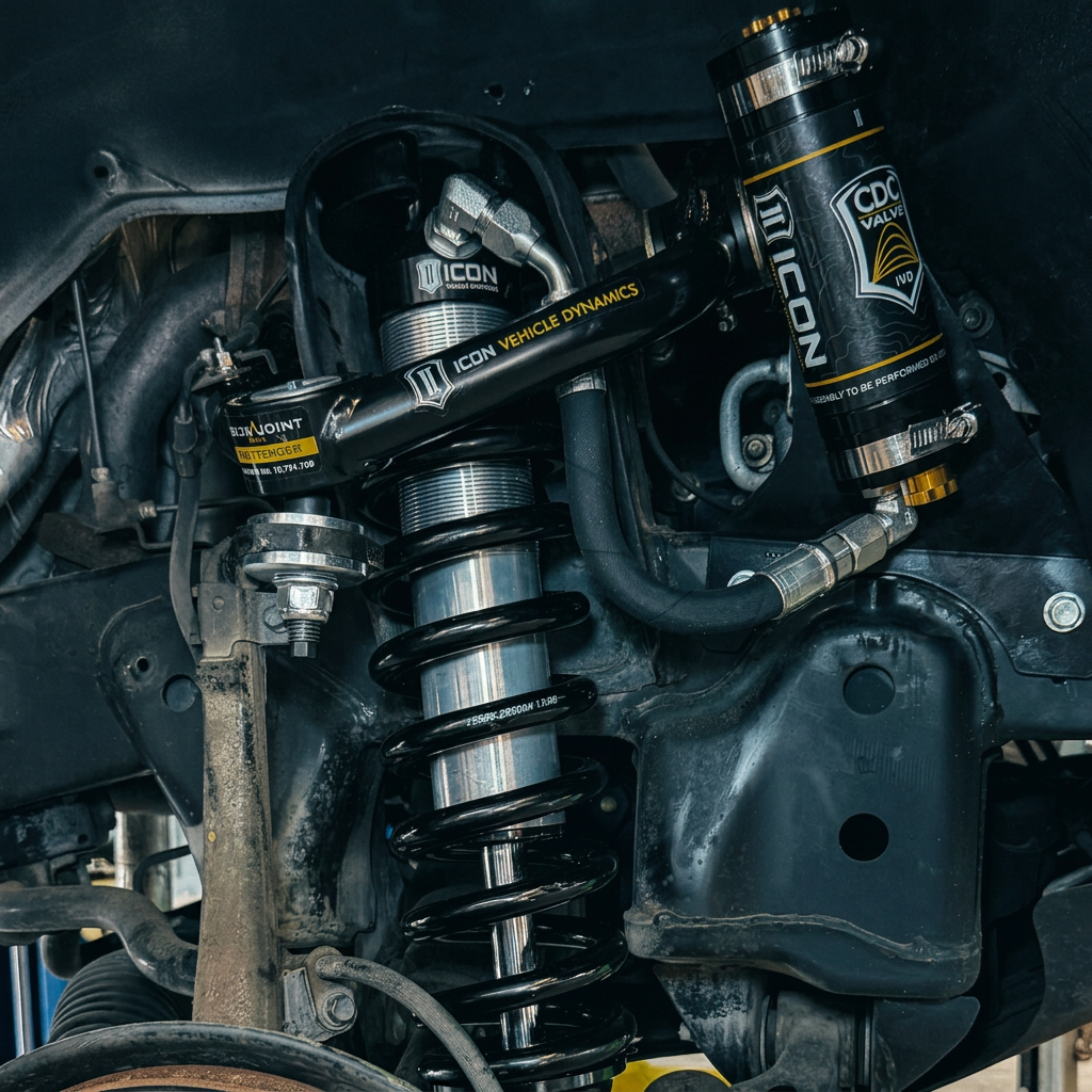 ICON Vehicle Dynamics coilover shock and Delta Joint upper control arm installed at RGV Off-Road McAllen