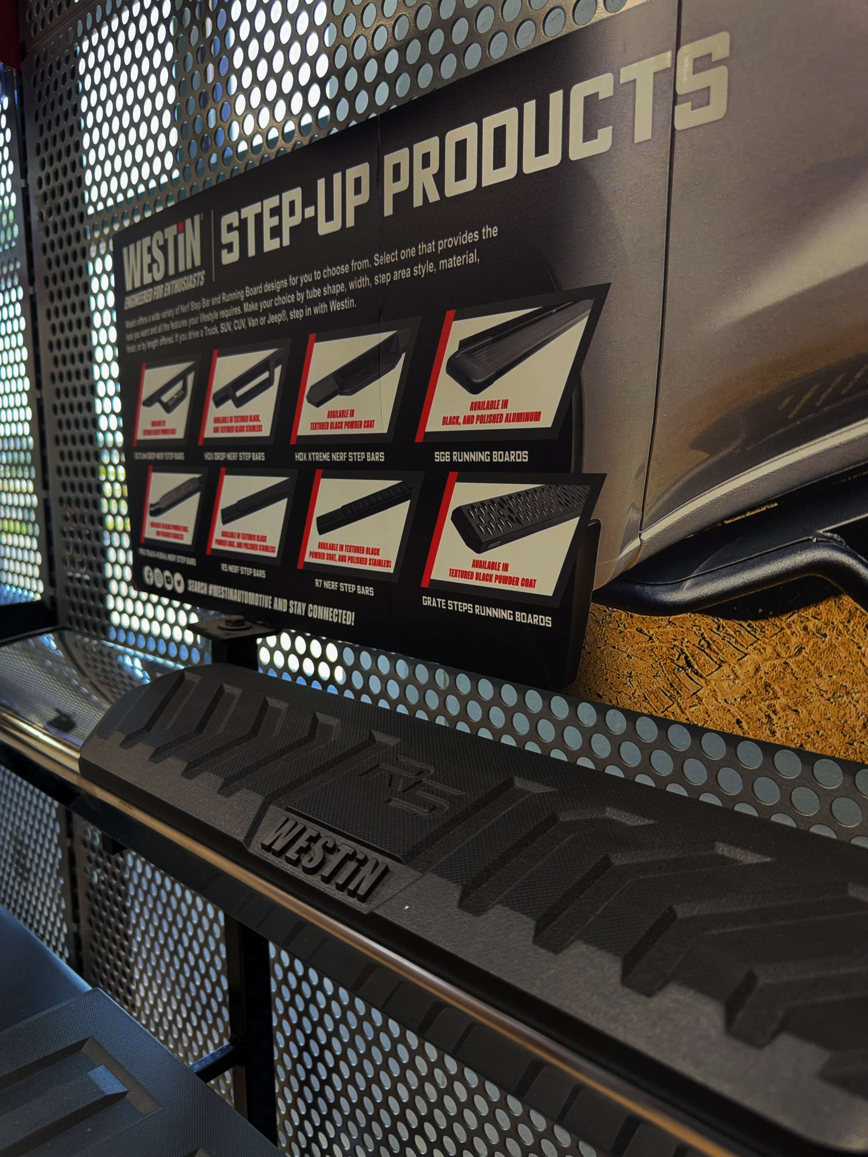Westin Step-Up products display at RGV Off-Road McAllen featuring HDX Drop nerf step bars, Pro Traxx running boards and Sure-Grip step boards for trucks, Jeeps and SUVs