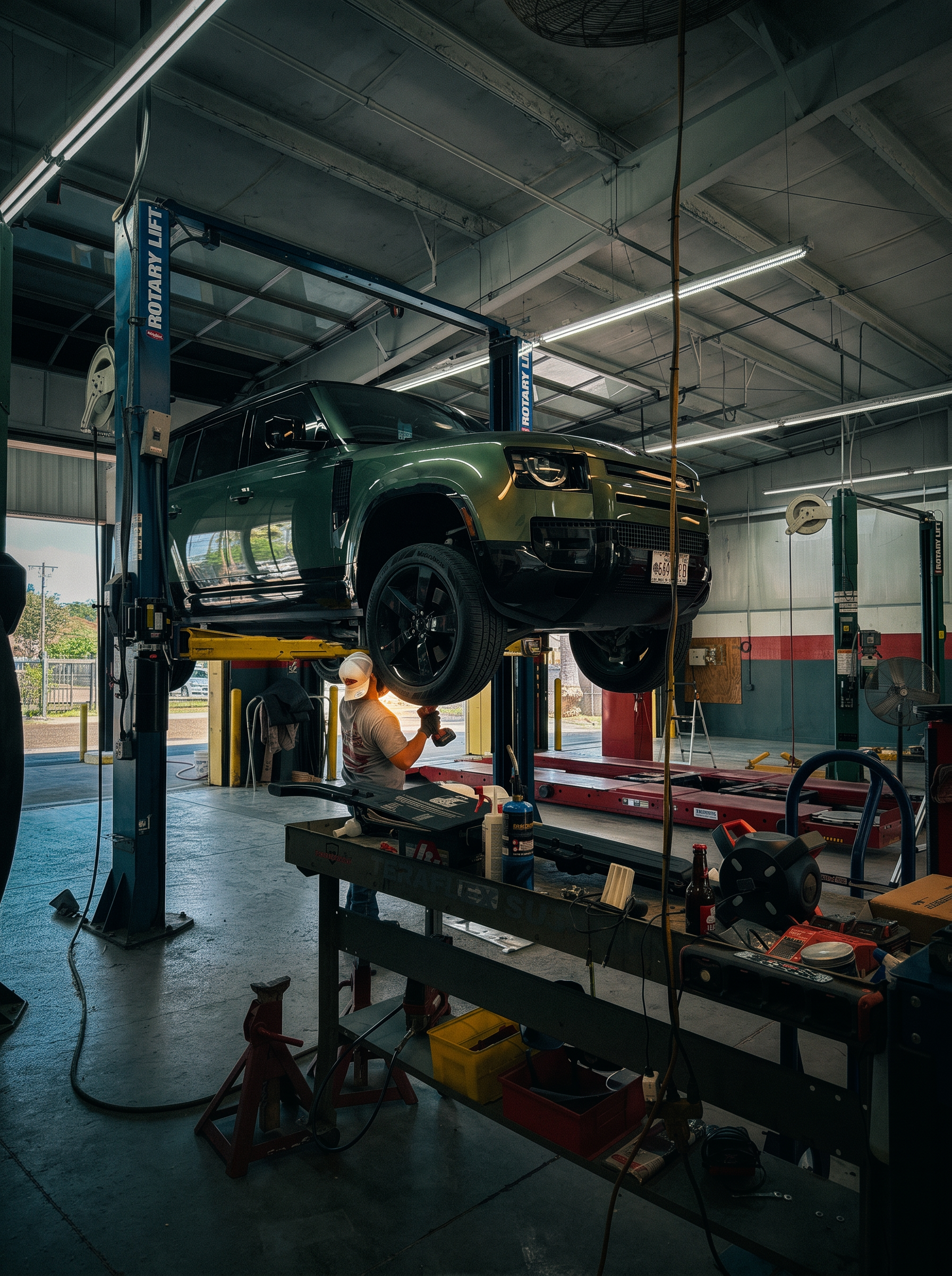Technicians installing a lift kit on a Jeep Wrangler on the shop hoist