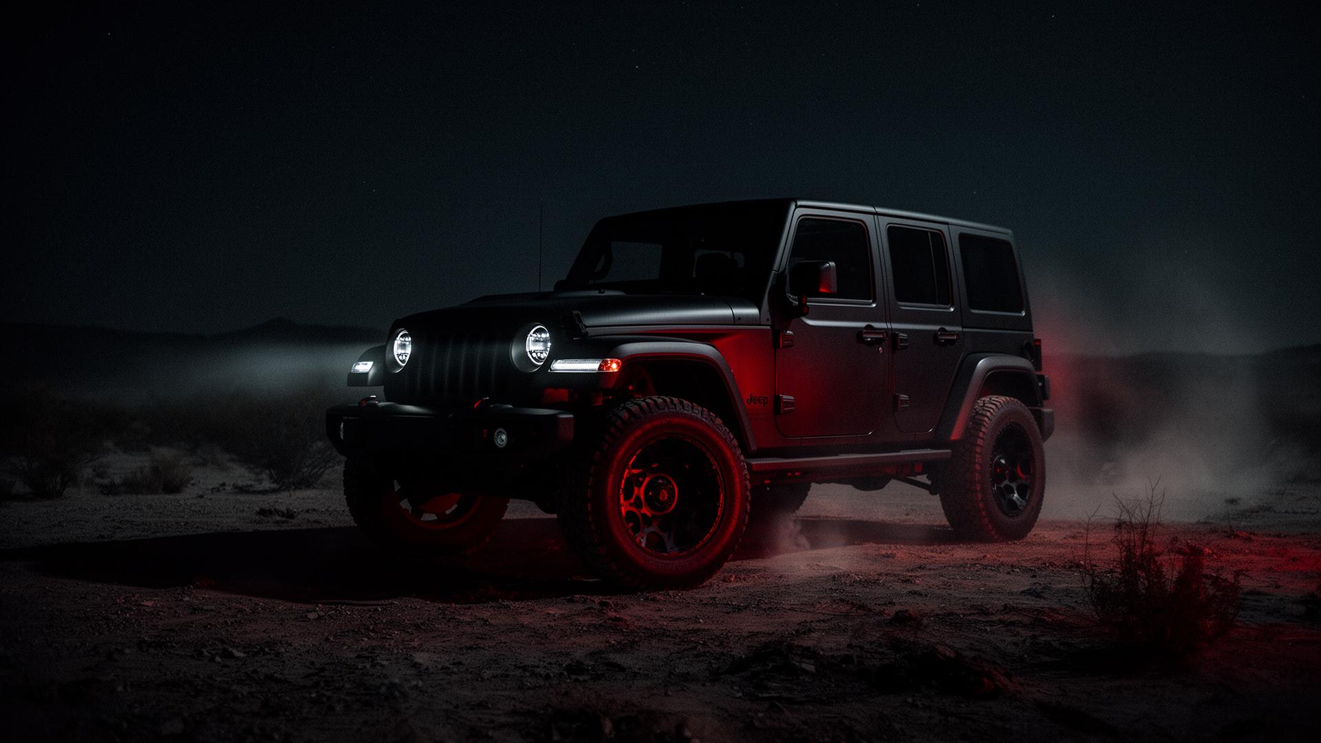 Lifted matte black Jeep at night