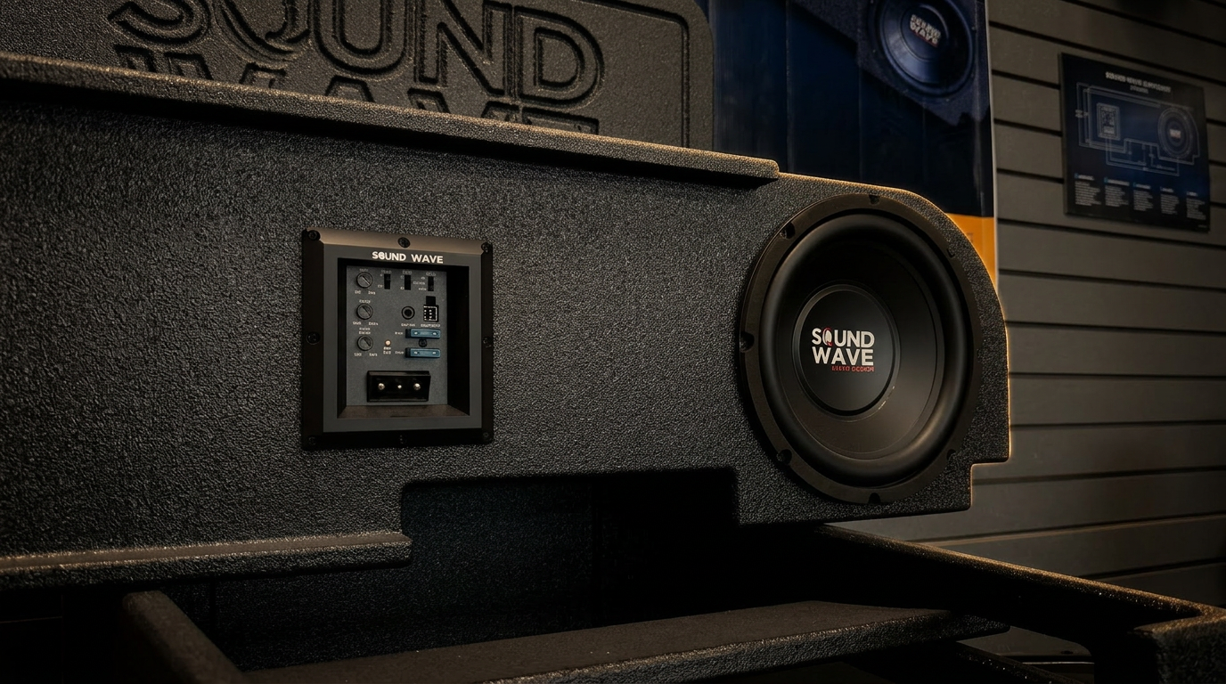 Custom Sound Wave car audio system with subwoofers and amplifiers installed in a lifted off-road truck